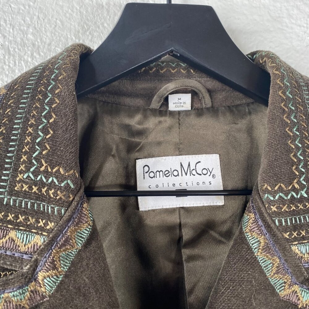 Pamela McCoy Coat Women's Brown Sz M Embroidered Studded Boho Ecletic Mid Length - Picture 2 of 16